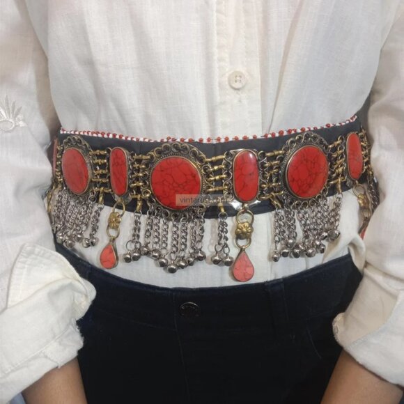 Vintage Kuchi Coral Stone Belly Dance Belt: Afghan Tribal Jewelry